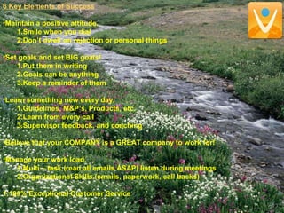 6 Key Elements of Success
•Maintain a positive attitude.
1.Smile when you dial
2.Don’t dwell on rejection or personal things
•Set goals and set BIG goals!
1.Put them in writing
2.Goals can be anything
3.Keep a reminder of them
•Learn something new every day.
1.Guidelines, M&P’s, Products, etc.
2.Learn from every call
3.Supervisor feedback, and coaching
•Believe that your COMPANY is a GREAT company to work for!
•Manage your work load.
1.Multi – task (read all emails ASAP) listen during meetings
2.Organizational Skills (emails, paperwork, call backs)
1.100% Exceptional Customer Service
 