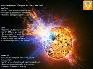 100% Exceptional Customer Service in Sale Calls
Pre- Call:
•Access client motivations or industry
•Anticipate questions and objections
•Rehearse call opening and/or scripts
Call:
•Open the call, Identify yourself and VBS
•Identify DM and get past GK
•Set expectation to speak with consultant
•Gather information, 11 Q’s?
•Listen actively, Find the PAIN
•Overcome objections, Give Benefits
Post Call:
•Evaluate the call (self, with peers, or with
management)
•Identify areas where the call was managed well
•Determine opportunities for improvement
•Follow up, follow up, follow up
 