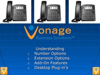 UnderstandingUnderstanding
1.1. Number OptionsNumber Options
2.2. Extension OptionsExtension Options
3.3. Add-On FeaturesAdd-On Features
4.4. Desktop Plug-in’sDesktop Plug-in’s
 