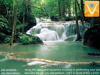 Job analysis - study the tasks and dynamics involved in performing your job
Job description - describe the job you will perform –GET A QUALIFIED LEAD!
 
