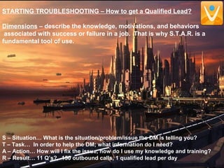 STARTING TROUBLESHOOTING – How to get a Qualified Lead?
Dimensions – describe the knowledge, motivations, and behaviors
associated with success or failure in a job. That is why S.T.A.R. is a
fundamental tool of use.
S – Situation… What is the situation/problem/issue the DM is telling you?
T – Task… In order to help the DM; what information do I need?
A – Action… How will I fix the issue, how do I use my knowledge and training?
R – Result… 11 Q’s?, 150 outbound calls, 1 qualified lead per day
 