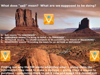 What does “sell” mean? What are we supposed to be doing?
A. Sell means “To CONVIENCE”.
B. CONVIENCE means “To bring to belief – To PERSUADE”.
C. PERSUADE means “To CAUSE someone to do something by means of REASONING”.
D. REASONING means “Providing the basis for an ACTION or DEFUSION”.
Finding out why the DM wants what they want – giving them the
information they need to make a decision – giving them a reason to
purchase – convincing them to get it now and speak to a consultant!
 