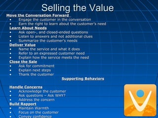 Selling the ValueSelling the Value
Move the Conversation ForwardMove the Conversation Forward
• Engage the customer in the conversationEngage the customer in the conversation
• Earn the right to learn about the customer’s needEarn the right to learn about the customer’s need
Learn About NeedsLearn About Needs
• Ask open-, and closed-ended questionsAsk open-, and closed-ended questions
• Listen to answers and not additional cluesListen to answers and not additional clues
• Summarize the customer’s needsSummarize the customer’s needs
Deliver ValueDeliver Value
• Name the service and what it doesName the service and what it does
• Refer to an expressed customer needRefer to an expressed customer need
• Explain how the service meets the needExplain how the service meets the need
Close the SaleClose the Sale
• Ask for commitmentAsk for commitment
• Explain next stepsExplain next steps
• Thank the customerThank the customer
Supporting BehaviorsSupporting Behaviors
Handle ConcernsHandle Concerns
• Acknowledge the customerAcknowledge the customer
• Ask questions – Ask WHY?Ask questions – Ask WHY?
• Address the concernAddress the concern
Build RapportBuild Rapport
• Maintain WarmthMaintain Warmth
• Focus on the customerFocus on the customer
• Convey confidenceConvey confidence
 