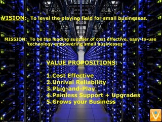 VISION: To level the playing field for small businesses.
MISSION: To be the leading supplier of cost effective, easy-to-use
technology empowering small businesses
VALUE PROPOSITIONS:
1.Cost Effective
2.Unrival Reliability
3.Plug-and-Play
4.Painless Support + Upgrades
5.Grows your Business
 