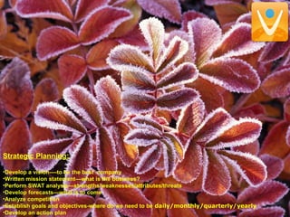 Strategic Planning:
•Develop a vision----to be the best company
•Written mission statement—what is the business?
•Perform SWAT analysis—strengths/weaknesses/attributes/threats
•Develop forecasts—what is to come
•Analyze competition
•Establish goals and objectives-where do we need to be daily/monthly/quarterly/yearly
•Develop an action plan
 