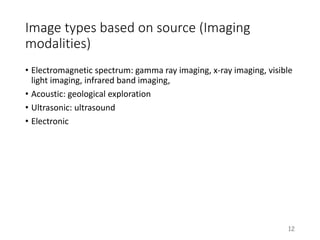 Image types based on source (Imaging
modalities)
• Electromagnetic spectrum: gamma ray imaging, x-ray imaging, visible
light imaging, infrared band imaging,
• Acoustic: geological exploration
• Ultrasonic: ultrasound
• Electronic
12
 