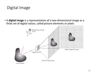 Digital Image
• A digital image is a representation of a two-dimensional image as a
finite set of digital values, called picture elements or pixels
13
 