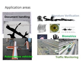 Application areas
Document handling Signature Verification
Biometrics
Object Recognition
Traffic Monitoring
Autonomous vehicles
 