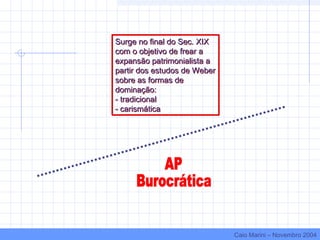 Surge no final do Sec. XIX
com o objetivo de frear a
expansão patrimonialista a
partir dos estudos de Weber
sobre as formas de
dominação:
- tradicional
- carismática
Surge no final do Sec. XIX
com o objetivo de frear a
expansão patrimonialista a
partir dos estudos de Weber
sobre as formas de
dominação:
- tradicional
- carismática
Caio Marini – Novembro 2004
 