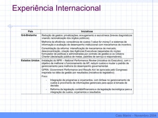 Experiência Internacional
País Iniciativas
Grã-Bretanha Redução de gastos: privatizações; enxugamento e escrutíneos (breves diagnósticos
visando racionalização dos órgãos públicos).
Melhoria da eficiência: consciência de custos (“value for money”) e sistemas de
informação e avaliação de desempenho institucional com mecanismos de incentivo.
Consolidação da reforma: intensificação de mecanismos de mercado,
desconcentração, criação das Agências Executivas (separadas do núcleo
formulador de políticas e administradas por contrato de gestão) e os Citizens
Charter (declaração pública de metas, padrões de serviço e responsáveis).
Estados Unidos Instalação do NPR – National Performance Review (iniciativa do Executivo), com o
objetivo de melhorar o funcionamento da AP, reduzir custos e mudar o padrão de
gerenciamento para melhoria do desempenho governamental.
GPRA: Government Performance and Results Act: lei aprovada pelo Congresso
inspirada na idéia da gestão por resultados (iniciativa do legislativo):
Foco:
- Integração de programas e orçamentos, com ênfase no gerenciamento de
custos e provimento de informações gerenciais para apoio à tomada de
decisão
- Reforma da legislação contábil/financeira e da legislação tecnológica para a
integração de custos, orçamentos e resultados.
Caio Marini – Novembro 2004
 