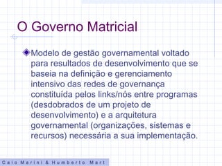 O Governo Matricial
Modelo de gestão governamental voltado
para resultados de desenvolvimento que se
baseia na definição e gerenciamento
intensivo das redes de governança
constituída pelos links/nós entre programas
(desdobrados de um projeto de
desenvolvimento) e a arquitetura
governamental (organizações, sistemas e
recursos) necessária a sua implementação.
C a i o M a r i n i & H u m b e r t o M a r t
 