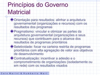 Princípios do Governo
Matricial
Orientação para resultados: alinhar a arquitetura
governamental (organizações e recursos) com os
resultados dos programas
Pragmatismo: vincular e otimizar as partes da
arquitetura governamental (organizações e seus
recursos) que contribuem para o alcance dos
resultados de programas prioritários
Seletividade: focar na carteira restrita de programas
prioritários com alta agregação de valor aos objetivos
de desenvolvimento
Contratualização: incentivar a adesão e o
comprometimento de organizações (isoladamente ou
em rede) com os resultados visados
C a i o M a r i n i & H u m b e r t o M a r t
 