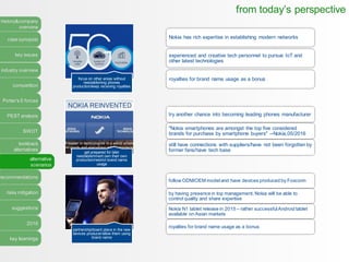history&company
overview
case synopsis
key issues
industry overview
competition
Porter’s 5 forces
PEST analysis
SWOT
lookback
alternatives
alternative
scenarios
recommendations
risks mitigation
suggestions
2016
key learnings
from today’s perspective
focus on other areas without
reestablishing phones
production/keep receiving royalties
get prepared for later
reestablishment own their own
production/restrict brand name
usage
partnership/board place in the new
devices producer/allow them using
brand name
Nokia has rich expertise in establishing modern networks
experienced and creative tech personnel to pursue IoT and
other latest technologies
royalties for brand name usage as a bonus
try another chance into becoming leading phones manufacturer
"Nokia smartphones are amongst the top five considered
brands for purchase by smartphone buyers" --Nokia,05/2016
still have connections with suppliers/have not been forgotten by
former fans/have tech base
follow ODM/OEM modeland have devices produced by Foxconn
by having presence in top management, Nokia will be able to
control quality and share expertise
Nokia N1 tablet release in 2015 – rather successfulAndroid tablet
available on Asian markets
royalties for brand name usage as a bonus
 
