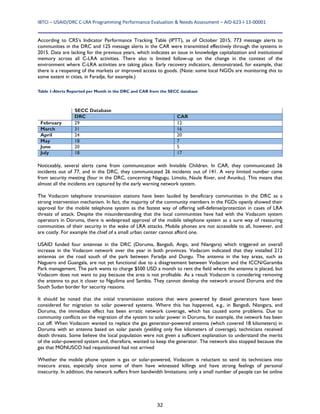 IBTCI – USAID/DRC C‐LRA Programming Performance Evaluation & Needs Assessment – AID‐623‐I‐13‐00001 
32
According to CRS’s Indicator Performance Tracking Table (IPTT), as of October 2015, 773 message alerts to
communities in the DRC and 125 message alerts in the CAR were transmitted effectively through the systems in
2015. Data are lacking for the previous years, which indicates an issue in knowledge capitalization and institutional
memory across all C-LRA activities. There also is limited follow-up on the change in the context of the
environment where C-LRA activities are taking place. Early recovery indicators, demonstrated, for example, that
there is a reopening of the markets or improved access to goods. (Note: some local NGOs are monitoring this to
some extent in cities, in Faradje, for example.)
Table 1:Alerts Reported per Month in the DRC and CAR from the SECC database
Noticeably, several alerts came from communication with Invisible Children. In CAR, they communicated 26
incidents out of 77, and in the DRC, they communicated 26 incidents out of 141. A very limited number came
from security meeting (four in the DRC, concerning Nagugu, Limolo, Naule River, and Avunku). This means that
almost all the incidents are captured by the early warning network system.
The Vodacom telephone transmission stations have been lauded by beneficiary communities in the DRC as a
strong intervention mechanism. In fact, the majority of the community members in the FGDs openly showed their
approval for the mobile telephone system as the fastest way of offering self-defense/protection in cases of LRA
threats of attack. Despite the misunderstanding that the local communities have had with the Vodacom system
operators in Doruma, there is widespread approval of the mobile telephone system as a sure way of reassuring
communities of their security in the wake of LRA attacks. Mobile phones are not accessible to all, however, and
are costly. For example the chief of a small urban center cannot afford one.
USAID funded four antennae in the DRC (Doruma, Bangadi, Ango, and Niangara) which triggered an overall
increase in the Vodacom network over the year in both provinces. Vodacom indicated that they installed 212
antennas on the road south of the park between Faradje and Dungu. The antenna in the key areas, such as
Naguero and Guangala, are not yet functional due to a disagreement between Vodacom and the ICCN/Garamba
Park management. The park wants to charge $500 USD a month to rent the field where the antenna is placed, but
Vodacom does not want to pay because the area is not profitable. As a result Vodacom is considering removing
the antenna to put it closer to Nguilima and Sambia. They cannot develop the network around Doruma and the
South Sudan border for security reasons.
It should be noted that the initial transmission stations that were powered by diesel generators have been
considered for migration to solar powered systems. Where this has happened, e.g., in Bangadi, Niangara, and
Doruma, the immediate effect has been erratic network coverage, which has caused some problems. Due to
community conflicts on the migration of the system to solar power in Doruma, for example, the network has been
cut off. When Vodacom wanted to replace the gas generator-powered antenna (which covered 18 kilometers) in
Doruma with an antenna based on solar panels (yielding only five kilometers of coverage), technicians received
death threats. Some believe the local population were not given a sufficient explanation to understand the merits
of the solar-powered system and, therefore, wanted to keep the generator. The network also stopped because the
gas that MONUSCO had requisitioned had not arrived
Whether the mobile phone system is gas or solar-powered, Vodacom is reluctant to send its technicians into
insecure areas, especially since some of them have witnessed killings and have strong feelings of personal
insecurity. In addition, the network suffers from bandwidth limitations; only a small number of people can be online
SECC Database
DRC CAR
February 29 12
March 31 16
April 24 20
May 18 7
June 20 5
July 18 17
 