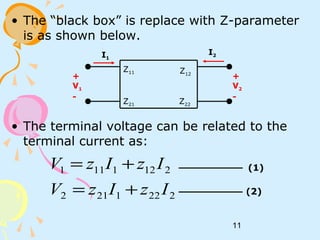11
• The “black box” is replace with Z-parameter
is as shown below.
• The terminal voltage can be related to the
terminal current as:
+
V1
-
I1
I2
+
V2
-
Z11
Z21
Z12
Z22
2221212
2121111
IzIzV
IzIzV
+=
+= (1)
(2)
 