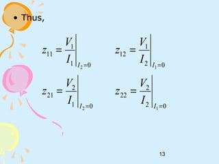 13
• Thus,
01
2
21
01
1
11
2
2
=
=
=
=
I
I
I
V
z
I
V
z
02
2
22
02
1
12
1
1
=
=
=
=
I
I
I
V
z
I
V
z
 
