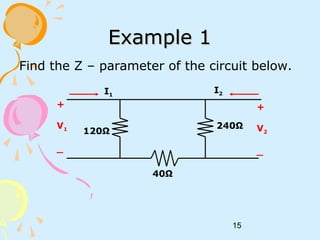 15
Example 1Example 1
Find the Z – parameter of the circuit below.
40Ω
240Ω
120Ω
+
V1
_
+
V2
_
I1
I2
 