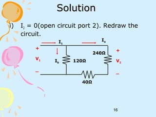 16
SolutionSolution
i) I2 = 0(open circuit port 2). Redraw the
circuit.
40Ω
240Ω
120Ω
+
V1
_
+
V2
_
I1
Ia
Ib
 