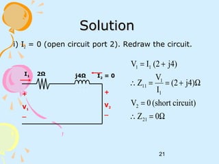 21
SolutionSolution
i) I2 = 0 (open circuit port 2). Redraw the circuit.
Ω=∴
=
Ω+==∴
+=
0Z
circuit)(short0V
j4)(2
I
V
Z
j4)(2IV
21
2
1
1
11
11
+
V1
_
j4Ω2ΩI1
+
V2
_
I2 = 0
 