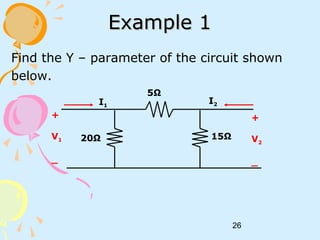 26
Example 1Example 1
Find the Y – parameter of the circuit shown
below.
5Ω
15Ω20Ω
+
V1
_
+
V2
_
I1
I2
 