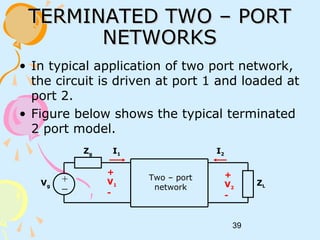 39
TERMINATED TWO – PORTTERMINATED TWO – PORT
NETWORKSNETWORKS
• In typical application of two port network,
the circuit is driven at port 1 and loaded at
port 2.
• Figure below shows the typical terminated
2 port model.
+
V1
-
I1 I2
+
V2
-
+
−
Zg
ZLVg
Two – port
network
 