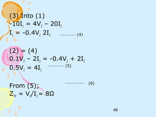 49
(3) Into (1)
-10I1 = 4V2 – 20I2
I1 = -0.4V2 2I2
(2) = (4)
0.1V2 – 2I2 = -0.4V2 + 2I2
0.5V2 = 4I2
From (5);
ZTH = V2/I2 = 8Ω
(4)
(5)
(6)
 