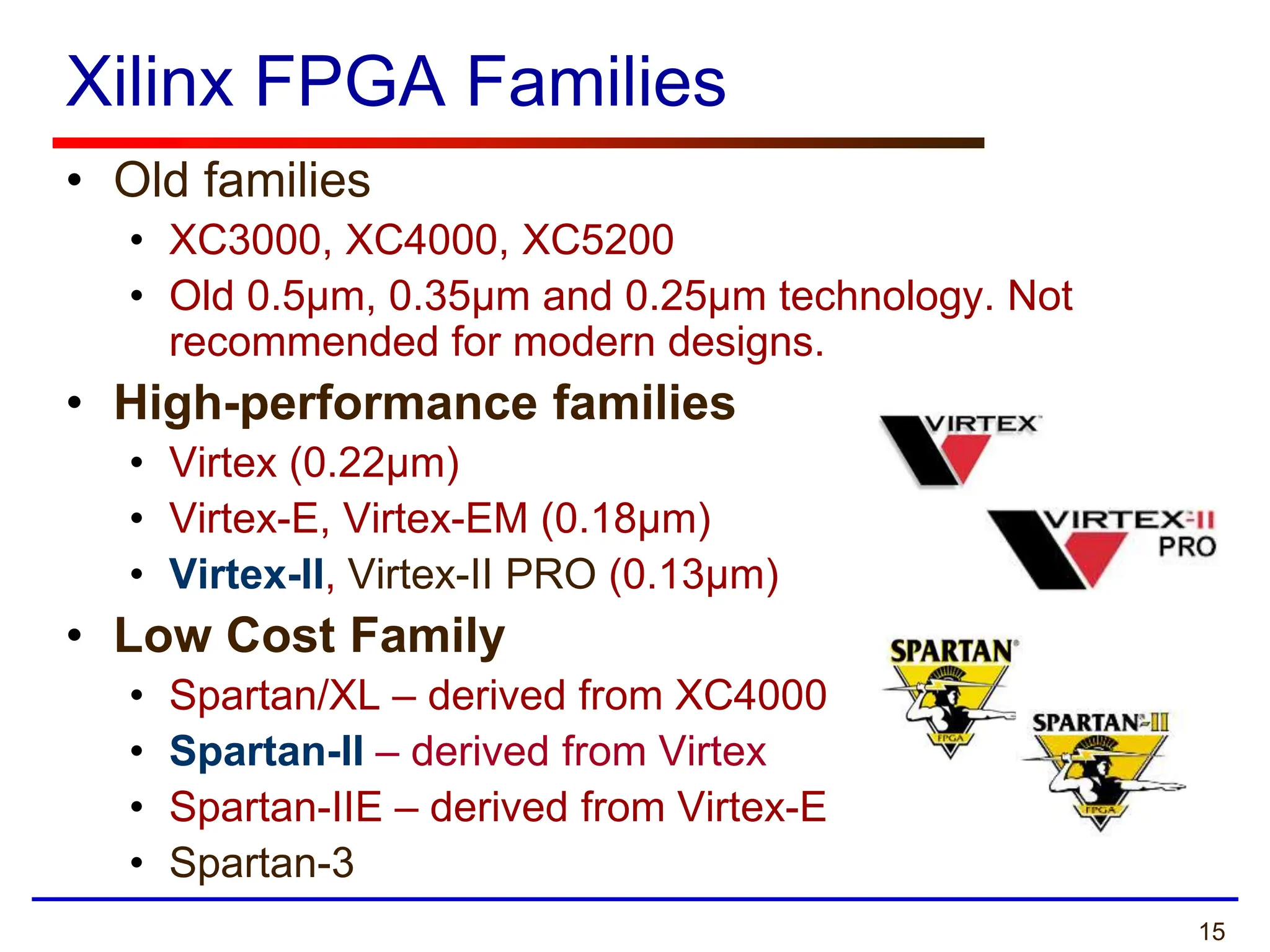 15
Xilinx FPGA Families
• Old families
• XC3000, XC4000, XC5200
• Old 0.5µm, 0.35µm and 0.25µm technology. Not
recommended for modern designs.
• High-performance families
• Virtex (0.22µm)
• Virtex-E, Virtex-EM (0.18µm)
• Virtex-II, Virtex-II PRO (0.13µm)
• Low Cost Family
• Spartan/XL – derived from XC4000
• Spartan-II – derived from Virtex
• Spartan-IIE – derived from Virtex-E
• Spartan-3
 