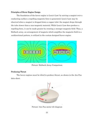 21
Principles of Hover Engine Design
The foundation of the hover engine is Lenz's Law; by moving a magnet over a
conducting surface a repelling magnetic force is generated. Lenz’s Law may be
observed when a magnet is dropped down a copper tube; the magnet drops through
the tube slower than a non-magnetic material. While Lenz's Law does produce a
repelling force, it can be made greater by creating a stronger magnetic field. Thus, a
Halbach array, an arrangement of magnets which amplifies the magnetic field in a
unidirectional pattern, is utilized in the custom designed hover engine.
Picture: Halbach Array Comparison
Producing Thrust
The hover engines must be tilted to produce thrust, as shown in the Arx Pax
data sheet.
Picture: Arx Pax motor tilt diagram
 