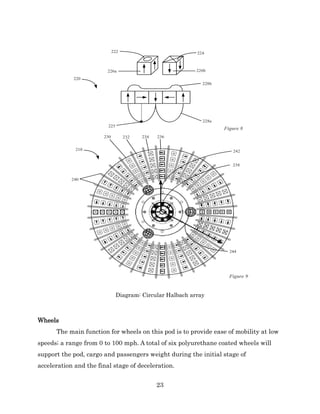 23
Diagram: Circular Halbach array
Wheels
The main function for wheels on this pod is to provide ease of mobility at low
speeds; a range from 0 to 100 mph. A total of six polyurethane coated wheels will
support the pod, cargo and passengers weight during the initial stage of
acceleration and the final stage of deceleration.
 