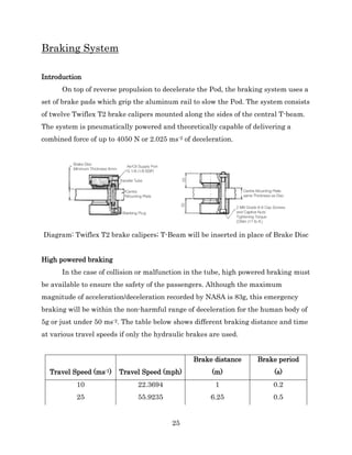 25
Braking System
Introduction
On top of reverse propulsion to decelerate the Pod, the braking system uses a
set of brake pads which grip the aluminum rail to slow the Pod. The system consists
of twelve Twiflex T2 brake calipers mounted along the sides of the central T-beam.
The system is pneumatically powered and theoretically capable of delivering a
combined force of up to 4050 N or 2.025 ms-2 of deceleration.
Diagram: Twiflex T2 brake calipers; T-Beam will be inserted in place of Brake Disc
High powered braking
In the case of collision or malfunction in the tube, high powered braking must
be available to ensure the safety of the passengers. Although the maximum
magnitude of acceleration/deceleration recorded by NASA is 83g, this emergency
braking will be within the non-harmful range of deceleration for the human body of
5g or just under 50 ms-2. The table below shows different braking distance and time
at various travel speeds if only the hydraulic brakes are used.
Travel Speed (ms-1) Travel Speed (mph)
Brake distance
(m)
Brake period
(s)
10 22.3694 1 0.2
25 55.9235 6.25 0.5
 