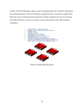 31
outside of the Pod through a pipe system expanding from the controller. Being that
the payload capacity of the air bearings is approximately 4 times the weight of the
Pod, this system will adequately maintain suitable conditions for the air bearings
and allow the Pod, as well as its cargo, to move through the tube with minimal
resistance.
Picture: Airfloat Specifications
 