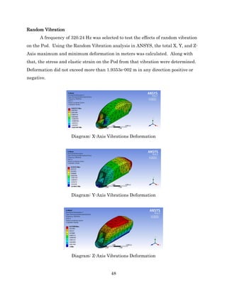 48
Random Vibration
A frequency of 320.24 Hz was selected to test the effects of random vibration
on the Pod. Using the Random Vibration analysis in ANSYS, the total X, Y, and Z-
Axis maximum and minimum deformation in meters was calculated. Along with
that, the stress and elastic strain on the Pod from that vibration were determined.
Deformation did not exceed more than 1.9353e-002 m in any direction positive or
negative.
Diagram: X-Axis Vibrations Deformation
Diagram: Y-Axis Vibrations Deformation
Diagram: Z-Axis Vibrations Deformation
 