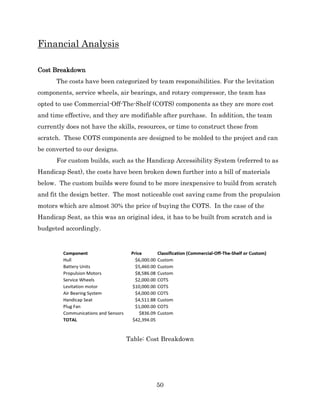 50
Financial Analysis
Cost Breakdown
The costs have been categorized by team responsibilities. For the levitation
components, service wheels, air bearings, and rotary compressor, the team has
opted to use Commercial-Off-The-Shelf (COTS) components as they are more cost
and time effective, and they are modifiable after purchase. In addition, the team
currently does not have the skills, resources, or time to construct these from
scratch. These COTS components are designed to be molded to the project and can
be converted to our designs.
For custom builds, such as the Handicap Accessibility System (referred to as
Handicap Seat), the costs have been broken down further into a bill of materials
below. The custom builds were found to be more inexpensive to build from scratch
and fit the design better. The most noticeable cost saving came from the propulsion
motors which are almost 30% the price of buying the COTS. In the case of the
Handicap Seat, as this was an original idea, it has to be built from scratch and is
budgeted accordingly.
Table: Cost Breakdown
 