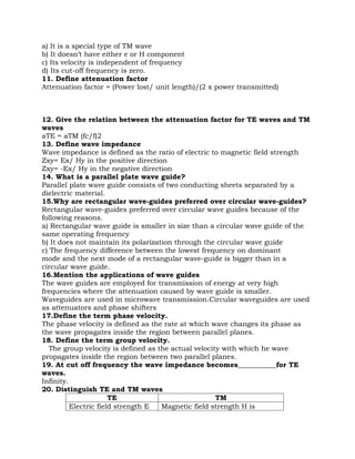 a) It is a special type of TM wave
b) It doesn’t have either e or H component
c) Its velocity is independent of frequency
d) Its cut-off frequency is zero.
11. Define attenuation factor
Attenuation factor = (Power lost/ unit length)/(2 x power transmitted)



12. Give the relation between the attenuation factor for TE waves and TM
waves
aTE = aTM (fc/f)2
13. Define wave impedance
Wave impedance is defined as the ratio of electric to magnetic field strength
Zxy= Ex/ Hy in the positive direction
Zxy= -Ex/ Hy in the negative direction
14. What is a parallel plate wave guide?
Parallel plate wave guide consists of two conducting sheets separated by a
dielectric material.
15.Why are rectangular wave-guides preferred over circular wave-guides?
Rectangular wave-guides preferred over circular wave guides because of the
following reasons.
a) Rectangular wave guide is smaller in size than a circular wave guide of the
same operating frequency
b) It does not maintain its polarization through the circular wave guide
c) The frequency difference between the lowest frequency on dominant
mode and the next mode of a rectangular wave-guide is bigger than in a
circular wave guide.
16.Mention the applications of wave guides
The wave guides are employed for transmission of energy at very high
frequencies where the attenuation caused by wave guide is smaller.
Waveguides are used in microwave transmission.Circular waveguides are used
as attenuators and phase shifters
17.Define the term phase velocity.
The phase velocity is defined as the rate at which wave changes its phase as
the wave propagates inside the region between parallel planes.
18. Define the term group velocity.
   The group velocity is defined as the actual velocity with which he wave
propagates inside the region between two parallel planes.
19. At cut off frequency the wave impedance becomes___________for TE
waves.
Infinity.
20. Distinguish TE and TM waves
                       TE                             TM
          Electric field strength E  Magnetic field strength H is
 