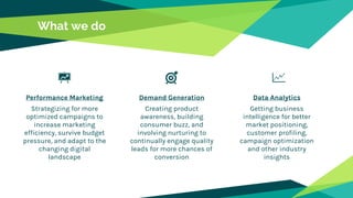 What we do
Performance Marketing
Strategizing for more
optimized campaigns to
increase marketing
efficiency, survive budget
pressure, and adapt to the
changing digital
landscape
Demand Generation
Creating product
awareness, building
consumer buzz, and
involving nurturing to
continually engage quality
leads for more chances of
conversion
Data Analytics
Getting business
intelligence for better
market positioning,
customer profiling,
campaign optimization
and other industry
insights
 