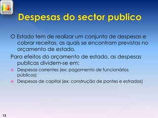 O Estado tem de realizar um conjunto de despesas e
cobrar receitas, as quais se encontram previstas no
orçamento de estado.
Para efeitos do orçamento de estado, as despesas
publicas dividem-se em:



13

Despesas correntes (ex: pagamento de funcionários
públicos)
Despesas de capital (ex: construção de pontes e estradas)

 