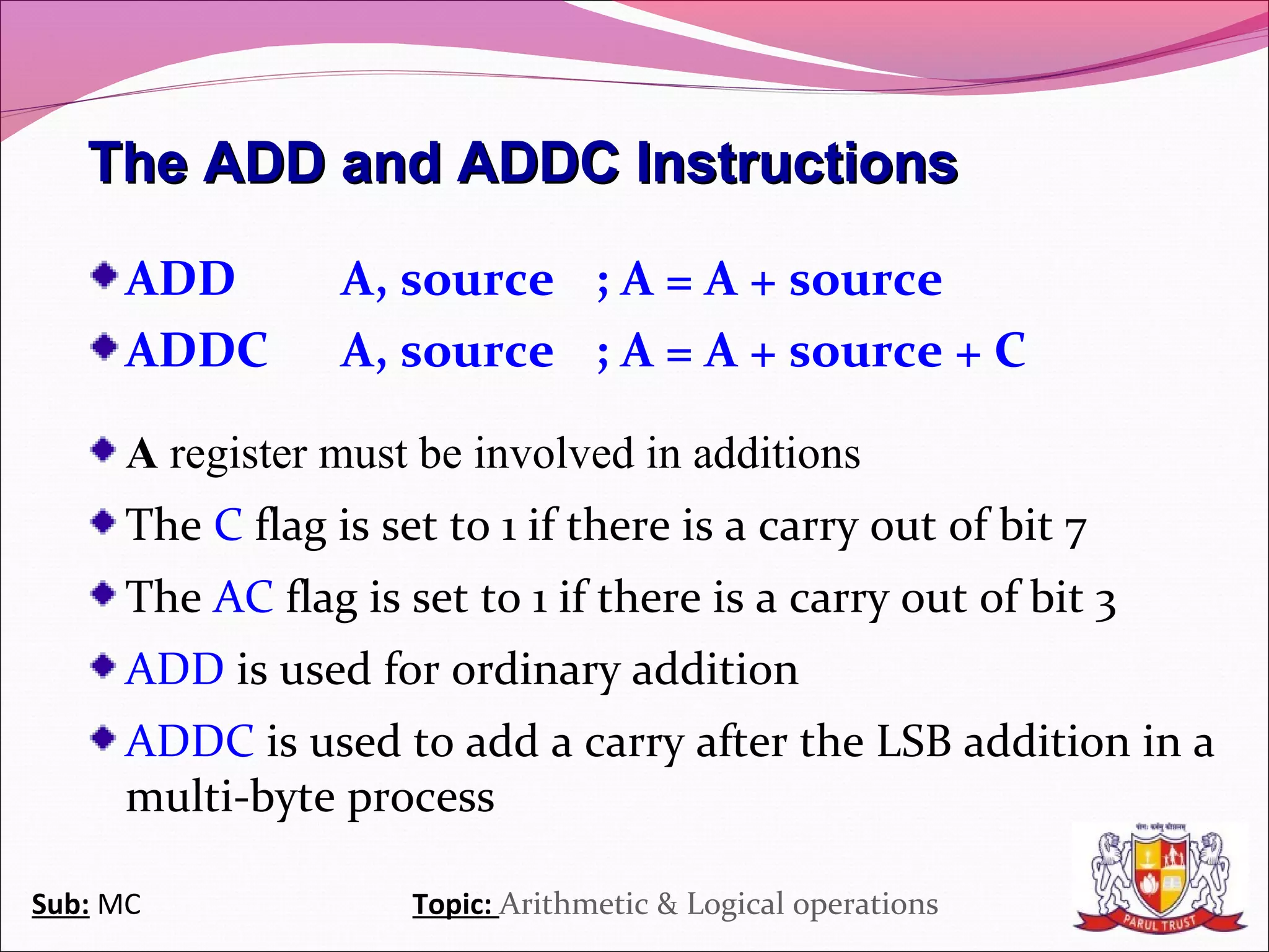Arithmetic & logical operations in 8051 | PPT