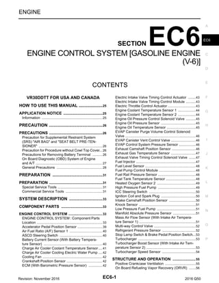 EC6-1
ENGINE
C
D
E
F
G
H
I
J
K
L
M
SECTION EC6
A
EC6
N
O
P
CONTENTS
ENGINE CONTROL SYSTEM [GASOLINE ENGINE
(V-6)]
VR30DDTT FOR USA AND CANADA
HOW TO USE THIS MANUAL ..................
...25
APPLICATION NOTICE .................................
....25
Information ..........................................................
....25
PRECAUTION ...........................................
...26
PRECAUTIONS ..............................................
....26
Precaution for Supplemental Restraint System
(SRS) "AIR BAG" and "SEAT BELT PRE-TEN-
SIONER" .............................................................
....26
Precaution for Procedure without Cowl Top Cover
....26
Precautions for Removing Battery Terminal .......
....26
On Board Diagnostic (OBD) System of Engine
and A/T ................................................................
....27
General Precautions ...........................................
....28
PREPARATION ........................................
...31
PREPARATION ..............................................
....31
Special Service Tools ..........................................
....31
Commercial Service Tools ..................................
....31
SYSTEM DESCRIPTION ..........................
...33
COMPONENT PARTS ...................................
....33
ENGINE CONTROL SYSTEM ...............................
....33
ENGINE CONTROL SYSTEM : Component Parts
Location ...............................................................
....33
Accelerator Pedal Position Sensor ......................
....39
Air Fuel Ratio (A/F) Sensor 1 ..............................
....40
ASCD Steering Switch ........................................
....40
Battery Current Sensor (With Battery Tempera-
ture Sensor) ........................................................
....40
Charge Air Cooler Coolant Temperature Sensor....41
Charge Air Cooler Cooling Electric Water Pump ....42
Cooling Fan .........................................................
....42
Crankshaft Position Sensor .................................
....42
ECM (With Barometric Pressure Sensor) ...........
....42
Electric Intake Valve Timing Control Actuator .....
....43
Electric Intake Valve Timing Control Module .......
....43
Electric Throttle Control Actuator .........................
....43
Engine Coolant Temperature Sensor 1 ...............
....44
Engine Coolant Temperature Sensor 2 ...............
....44
Engine Oil Pressure Control Solenoid Valve .......
....45
Engine Oil Pressure Sensor ................................
....45
Engine Oil Temperature Sensor ..........................
....45
EVAP Canister Purge Volume Control Solenoid
Valve ....................................................................
....46
EVAP Canister Vent Control Valve ......................
....46
EVAP Control System Pressure Sensor ..............
....46
Exhaust Camshaft Position Sensor .....................
....46
Exhaust Gas Temperature Sensor ......................
....47
Exhaust Valve Timing Control Solenoid Valve ....
....47
Fuel Injector .........................................................
....47
Fuel Level Sensor ................................................
....48
Fuel Pump Control Module ..................................
....48
Fuel Rail Pressure Sensor ...................................
....48
Fuel Tank Temperature Sensor ...........................
....48
Heated Oxygen Sensor 2 ....................................
....49
High Pressure Fuel Pump ...................................
....49
ICC Steering Switch ............................................
....50
Ignition Coil and Spark Plug ................................
....50
Intake Camshaft Position Sensor ........................
....50
Knock Sensor ......................................................
....51
Low Pressure Fuel Pump ....................................
....51
Manifold Absolute Pressure Sensor ....................
....51
Mass Air Flow Sensor (With Intake Air Tempera-
ture Sensor 1) ......................................................
....51
Multi-way Control Valve .......................................
....52
Refrigerant Pressure Sensor ...............................
....52
Stop Lamp Switch & Brake Pedal Position Switch
....53
Turbocharger .......................................................
....53
Turbocharger Boost Sensor (With Intake Air Tem-
perature Sensor 2) ...............................................
....53
Turbocharger Speed Sensor ...............................
....54
STRUCTURE AND OPERATION .....................55
Positive Crankcase Ventilation ............................
....55
On Board Refueling Vapor Recovery (ORVR) ....
....56
Revision: November 2016 2016 Q50
 