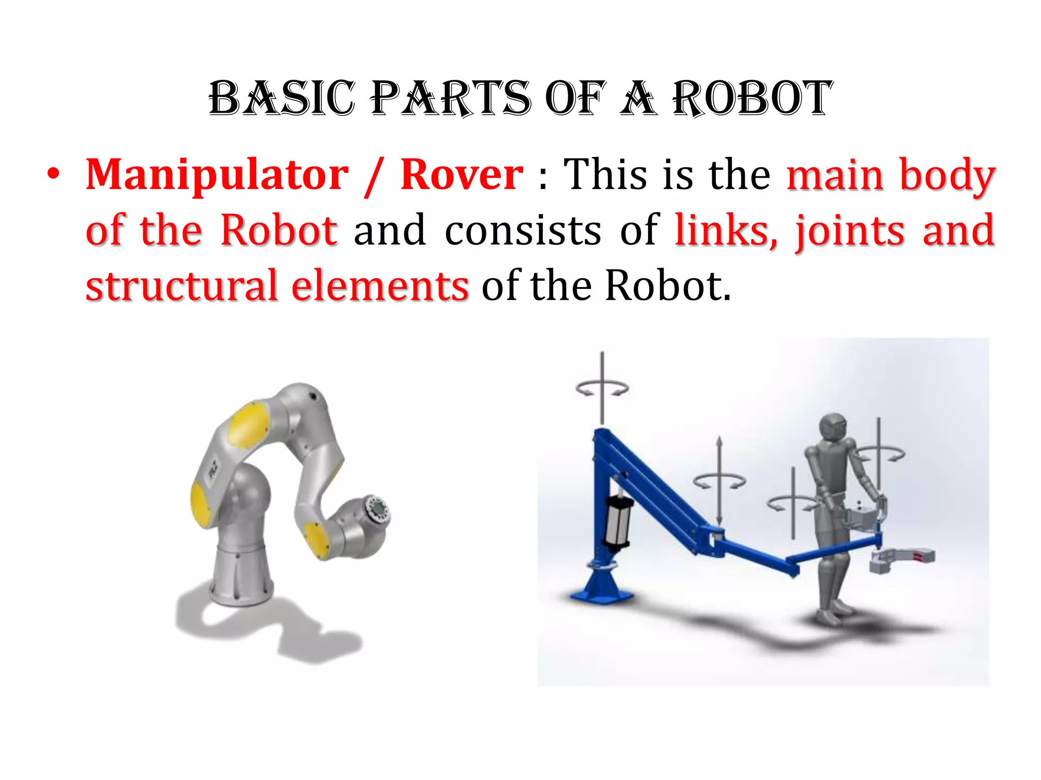 Basic Parts of a Robot
• Manipulator / Rover : This is the main body
of the Robot and consists of links, joints and
structural elements of the Robot.
 