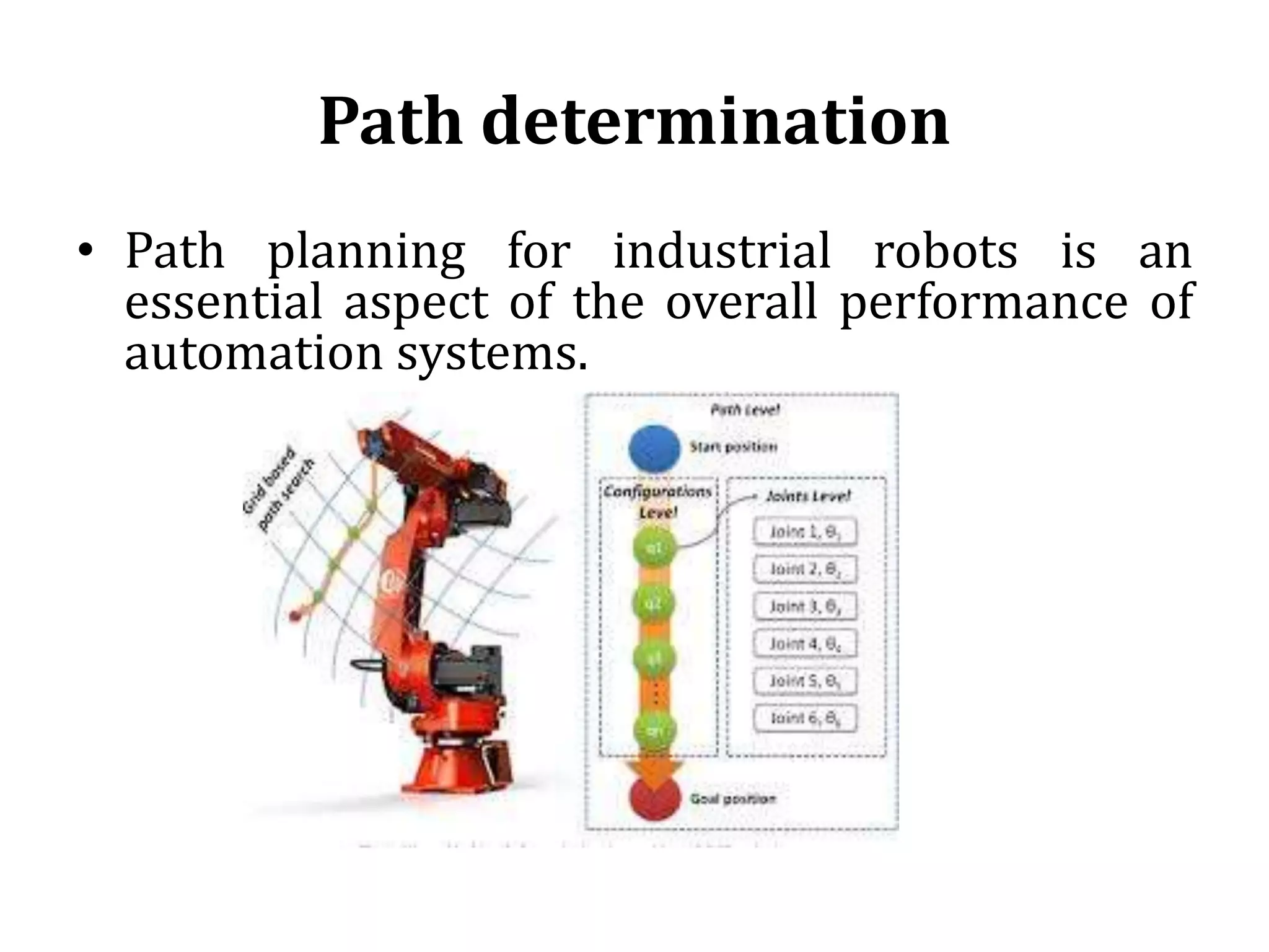Path determination
• Path planning for industrial robots is an
essential aspect of the overall performance of
automation systems.
 