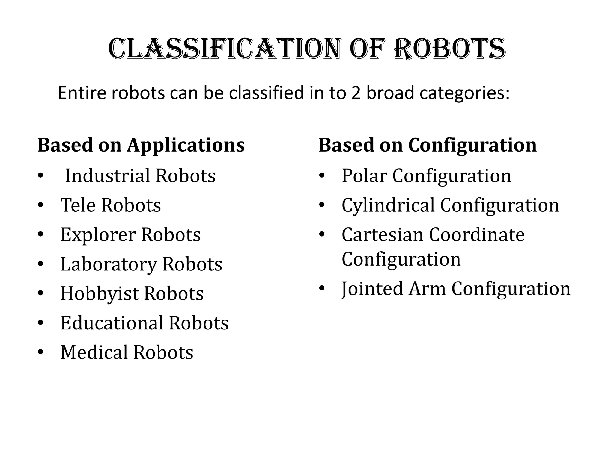Classification of robots
Based on Applications
• Industrial Robots
• Tele Robots
• Explorer Robots
• Laboratory Robots
• Hobbyist Robots
• Educational Robots
• Medical Robots
Based on Configuration
• Polar Configuration
• Cylindrical Configuration
• Cartesian Coordinate
Configuration
• Jointed Arm Configuration
Entire robots can be classified in to 2 broad categories:
 