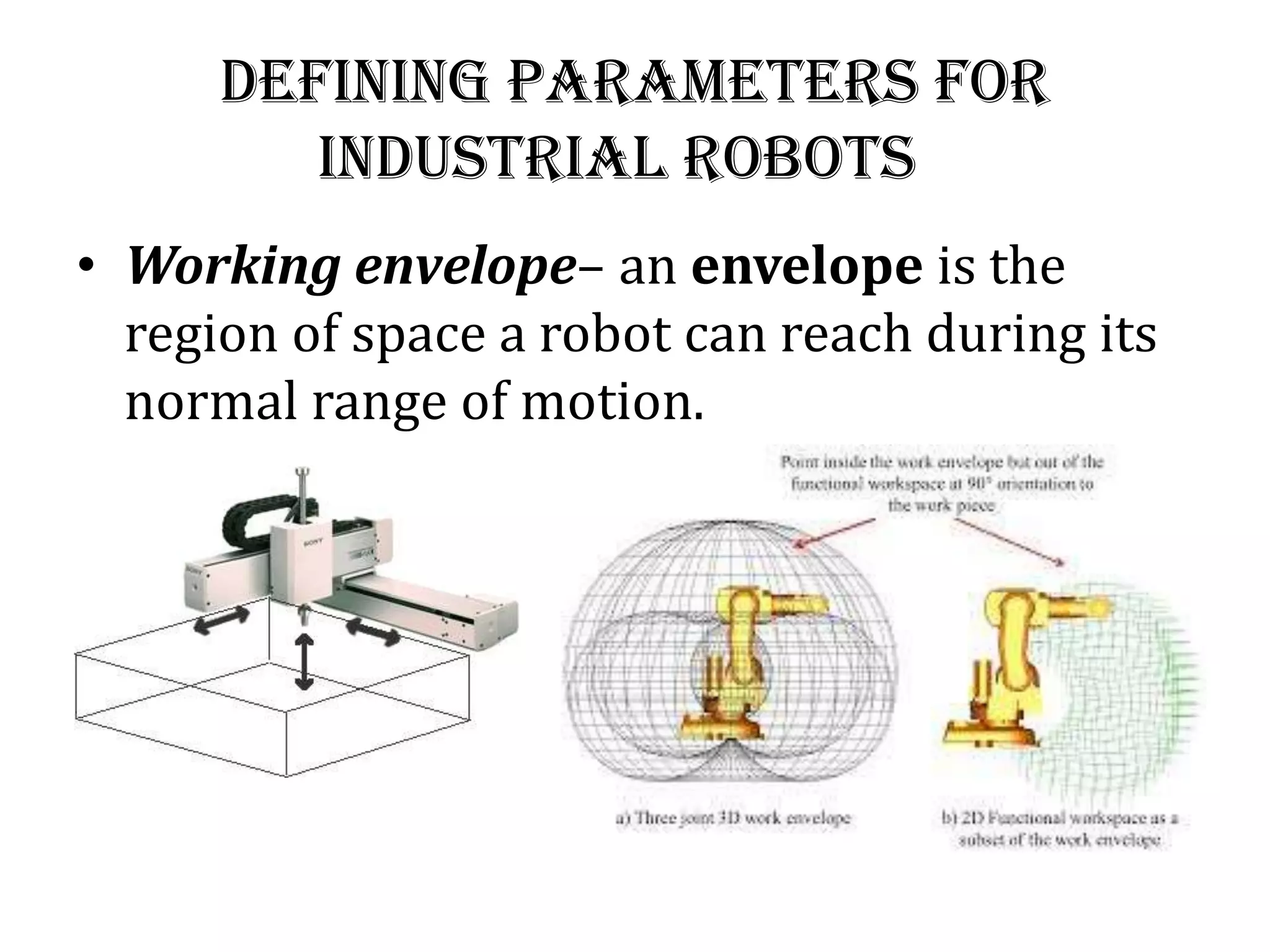 Defining Parameters for
industrial robots
• Working envelope– an envelope is the
region of space a robot can reach during its
normal range of motion.
 