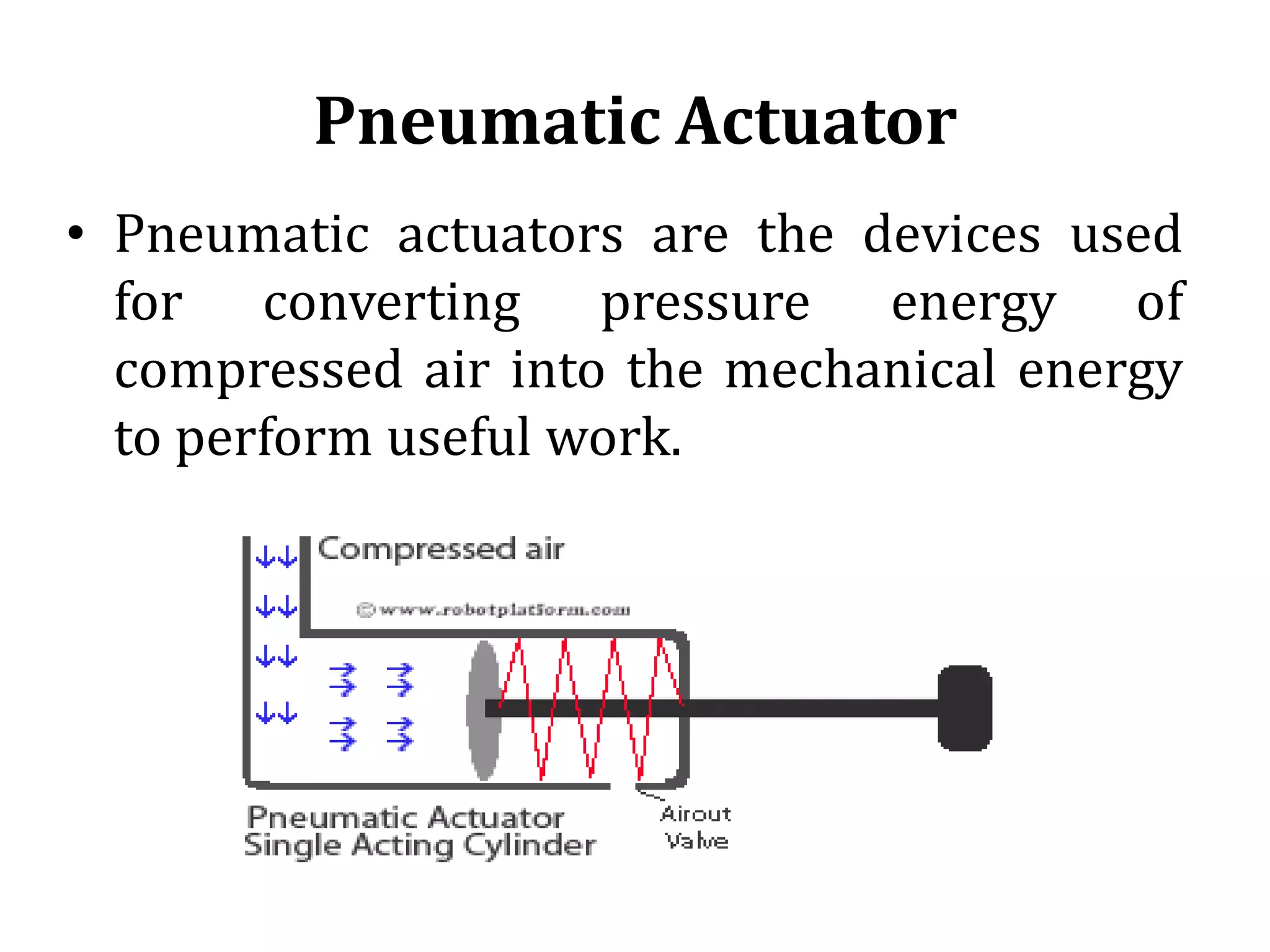 Pneumatic Actuator
• Pneumatic actuators are the devices used
for converting pressure energy of
compressed air into the mechanical energy
to perform useful work.
 