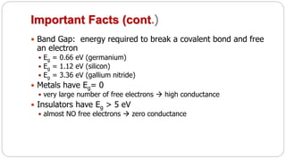 Important Facts (cont.)
 Band Gap: energy required to break a covalent bond and free
an electron
 Eg = 0.66 eV (germanium)
 Eg = 1.12 eV (silicon)
 Eg = 3.36 eV (gallium nitride)
 Metals have Eg= 0
 very large number of free electrons  high conductance
 Insulators have Eg > 5 eV
 almost NO free electrons  zero conductance
 