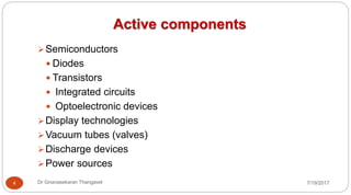 Active components
7/19/2017Dr Gnanasekaran Thangavel4
Semiconductors
 Diodes
 Transistors
 Integrated circuits
 Optoelectronic devices
Display technologies
Vacuum tubes (valves)
Discharge devices
Power sources
 