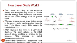 How Laser Diode Work?
7/19/2017Dr Gnanasekaran Thangavel63
 Every atom according to the quantum
theory, can energies only within a certain
discrete energy level. Normally, the atoms
are in the lowest energy state or ground
state.
 When an energy source given to the atoms
in the ground state can be excited to go to
one of the higher levels. This process is
called absorption.
 After staying at that level for a very short
duration, the atom returns to its initial
ground state, emitting a photon in the
process, This process is called
spontaneous emission.
 These two processes, absorption and
 