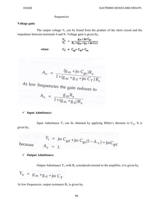 EC6202 ELECTRONIC DEVICES AND CIRCUITS
99
frequencies
Voltage gain:
The output voltage Vo can be found from the product of the short circuit and the
impedance between terminals S and N. Voltage gain is given by,
 Input Admittance:
given by,
Input Admittance Yi can be obtained by applying Miller‘s theorem to Cgs. It is
 Output Admittance:
Output Admittance Yo with Rs considered external to the amplifier, it is given by,
At low frequencies, output resistance Ro is given by,
 