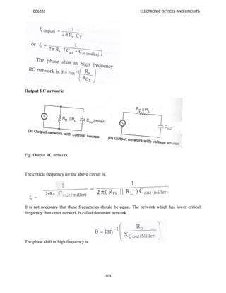 EC6202 ELECTRONIC DEVICES AND CIRCUITS
103
Output RC network:
Fig. Output RC network
The critical frequency for the above circuit is,
fc =
It is not necessary that these frequencies should be equal. The network which has lower critical
frequency than other network is called dominant network.
The phase shift in high frequency is
 