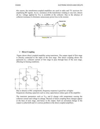 EC6202 ELECTRONIC DEVICES AND CIRCUITS
this reason, the transformer-coupled amplifiers are used in radio and TV receivers for
amplifying RF signals. As d.c. resistance of the transformer winding is very low, almost
all d.c. voltage applied by Vcc is available at the collector. Due to the absence of
collector resistance it eliminates unnecessary power loss in the resistor.
 Direct Coupling
Figure shows direct coupled amplifier using transistors. The output signal of first stage
is directly connected to the input of the next stage. This direct coupling allows the
quiescent d.c. collector current of first stage to pass through base of the next stage,
affecting its biasing conditions.
Due to absence of RC components, frequency response is good but at higher
frequencies shunting capacitors such as stray capacitances reduce gain of the amplifier.
The transistor parameters such as VBE and β change with temperature causing the
collector current and voltage to change. Because of direct coupling these changes appear
at the base of next stage, and hence in the output. Such an unwanted change in the
output is called drift and it is serious problem in the direct coupled amplifiers.
 