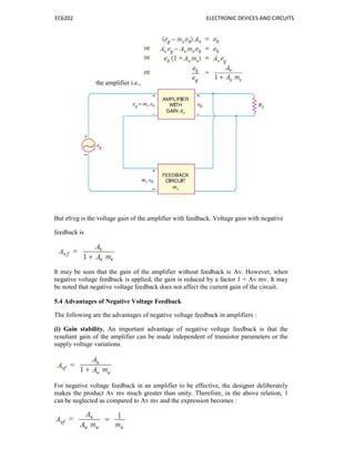 EC6202 ELECTRONIC DEVICES AND CIRCUITS
the amplifier i.e.,
But e0/eg is the voltage gain of the amplifier with feedback. Voltage gain with negative
feedback is
It may be seen that the gain of the amplifier without feedback is Av. However, when
negative voltage feedback is applied, the gain is reduced by a factor 1 + Av mv. It may
be noted that negative voltage feedback does not affect the current gain of the circuit.
5.4 Advantages of Negative Voltage Feedback
The following are the advantages of negative voltage feedback in amplifiers :
(i) Gain stability. An important advantage of negative voltage feedback is that the
resultant gain of the amplifier can be made independent of transistor parameters or the
supply voltage variations.
For negative voltage feedback in an amplifier to be effective, the designer deliberately
makes the product Av mv much greater than unity. Therefore, in the above relation, 1
can be neglected as compared to Av mv and the expression becomes :
 